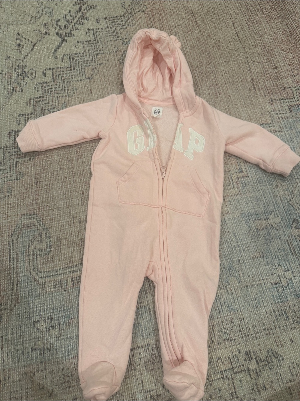 GAP Baby Pink Hooded Footed One-Piece Zipper Romper